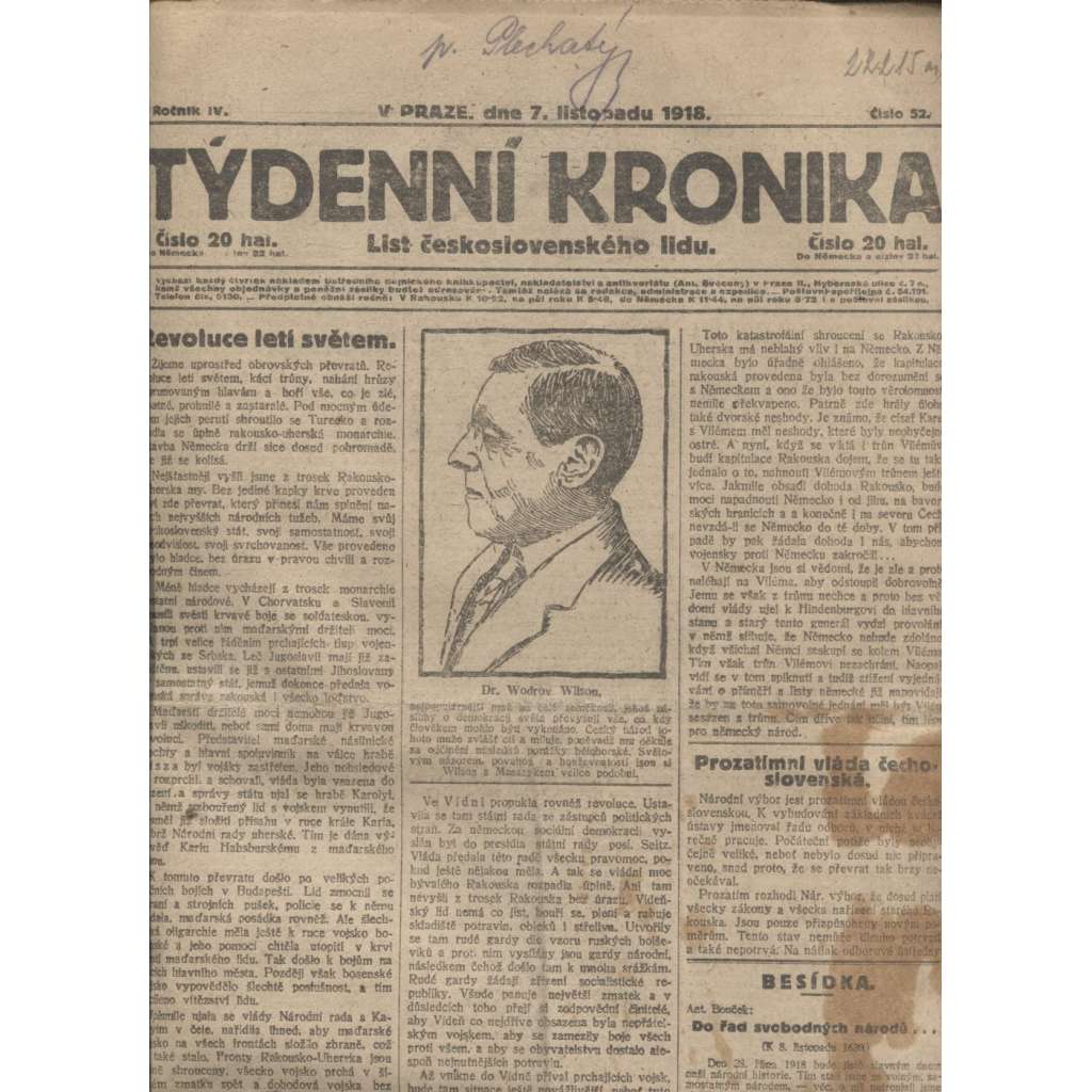 Týdenní kronika (7.11.1918) - staré noviny, I. světová válka (pošk.)