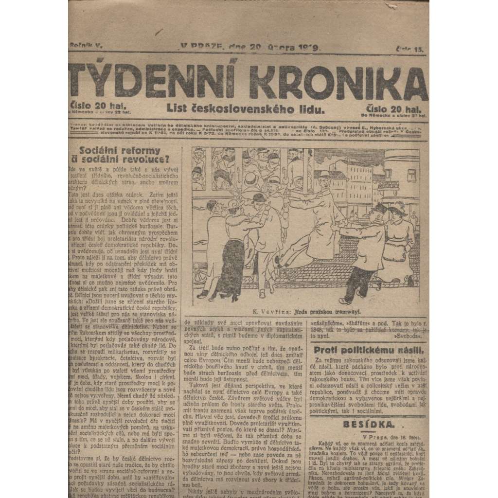 Týdenní kronika (20.2.1919) - staré noviny, 1. republika