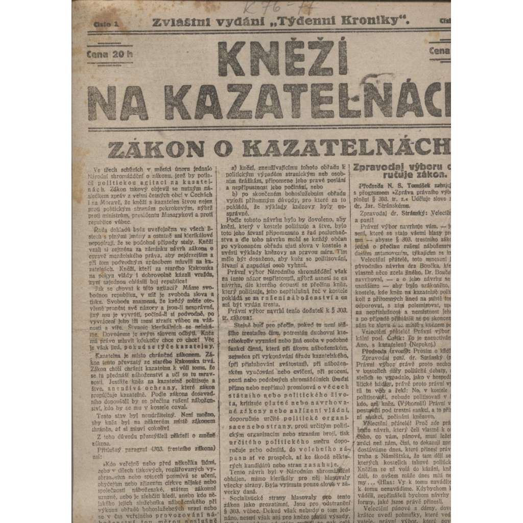 Kněží na kazatelnách. Zvláštní vydání "Týdenní kronika" (staré noviny, 1. republika)