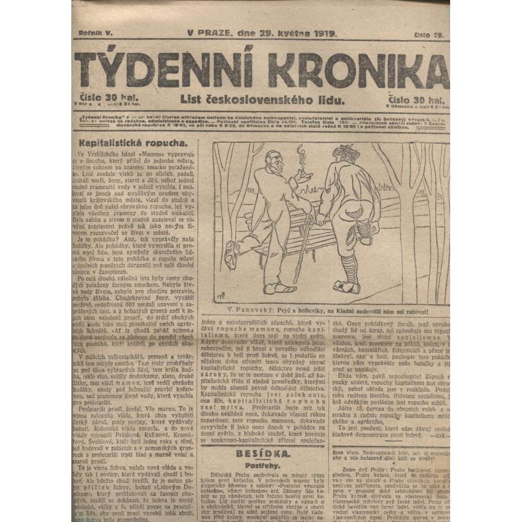 Týdenní kronika (29.5.1919) - staré noviny, 1. republika