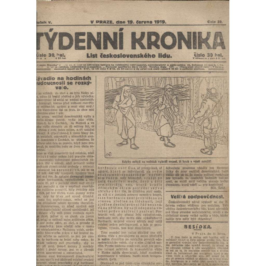 Týdenní kronika (19.6.1919) - staré noviny, 1. republika (není kompletní)