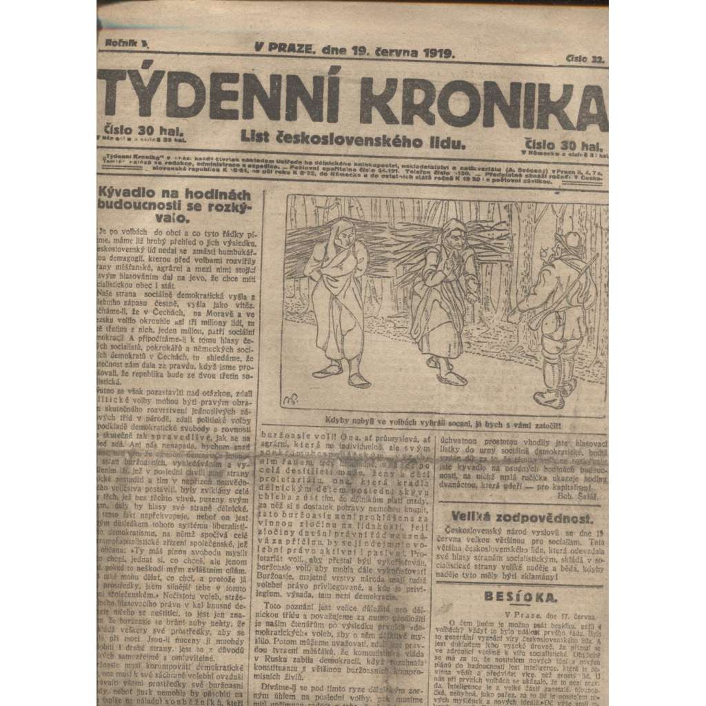 Týdenní kronika (19.6.1919) - staré noviny, 1. republika