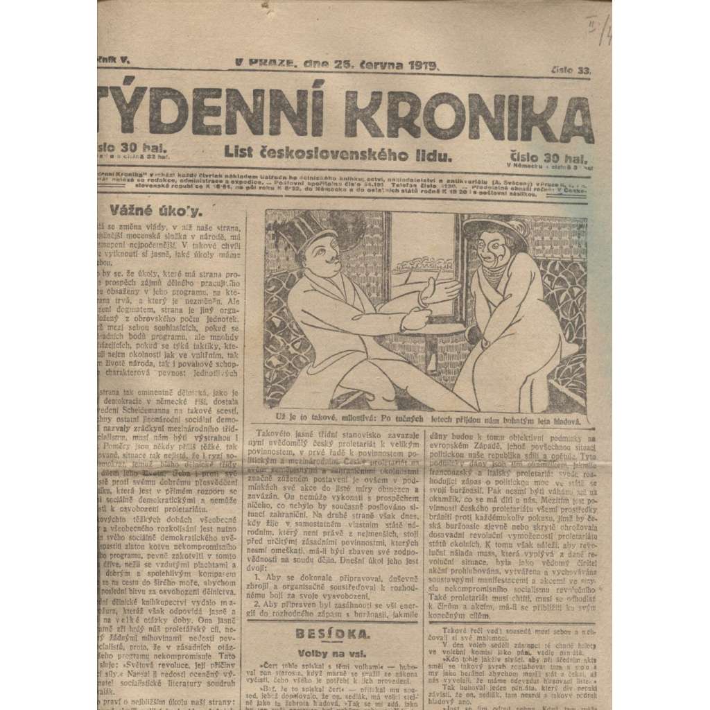 Týdenní kronika (26.6.1919) - staré noviny, 1. republika