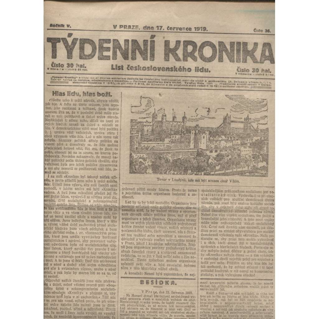 Týdenní kronika (17.7.1919) - staré noviny, 1. republika