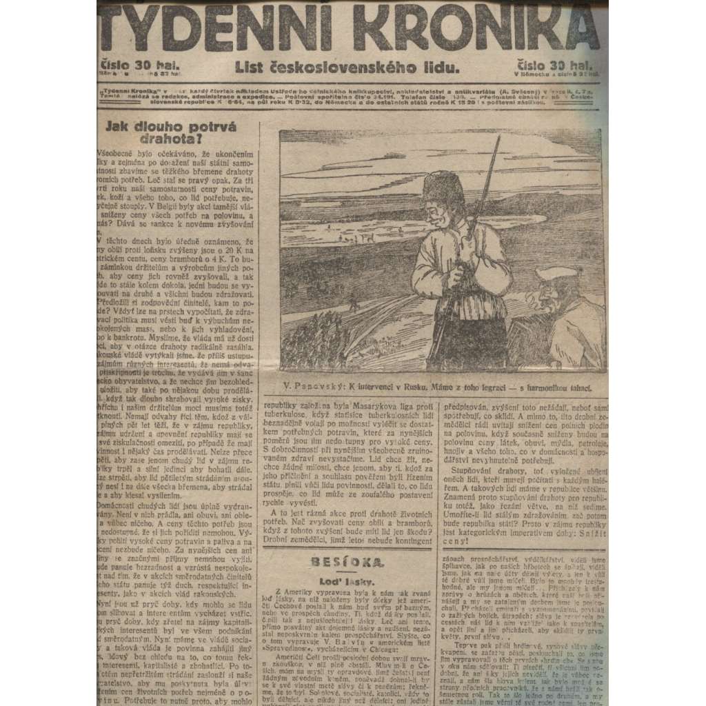 Týdenní kronika (31.7.1919) - staré noviny, 1. republika