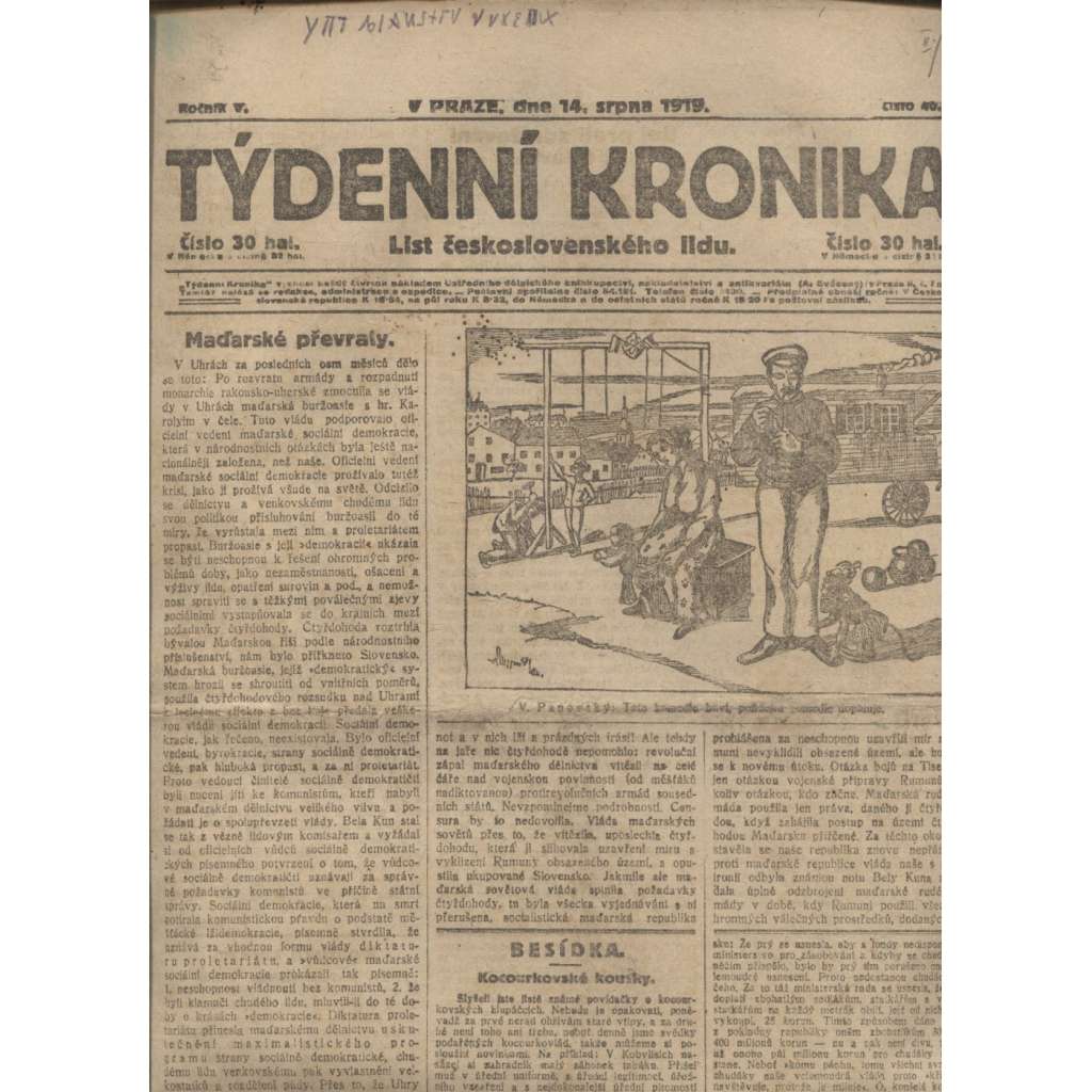 Týdenní kronika (14.8.1919) - staré noviny, 1. republika