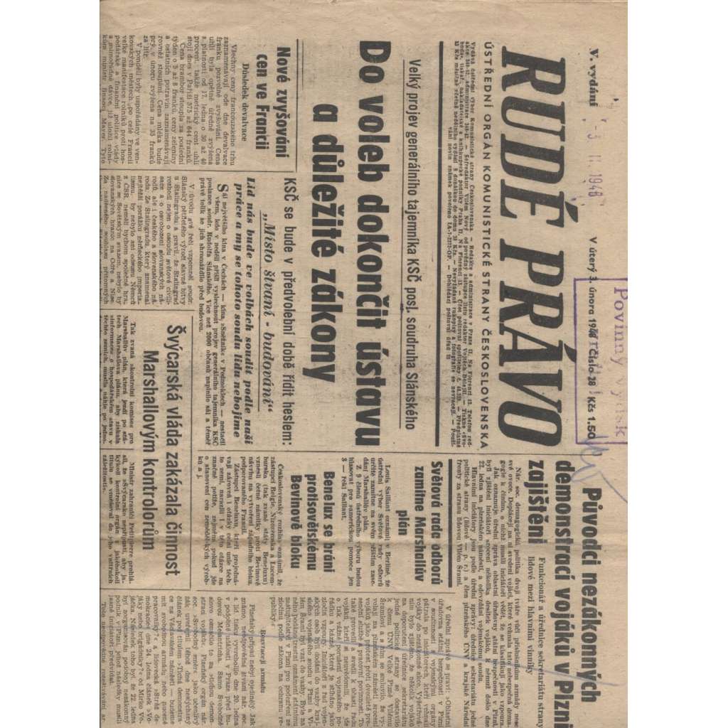 Rudé právo (3.2.1948) - staré noviny, vítězný únor, únorové vítězství, komunistický převrat, únorový puč