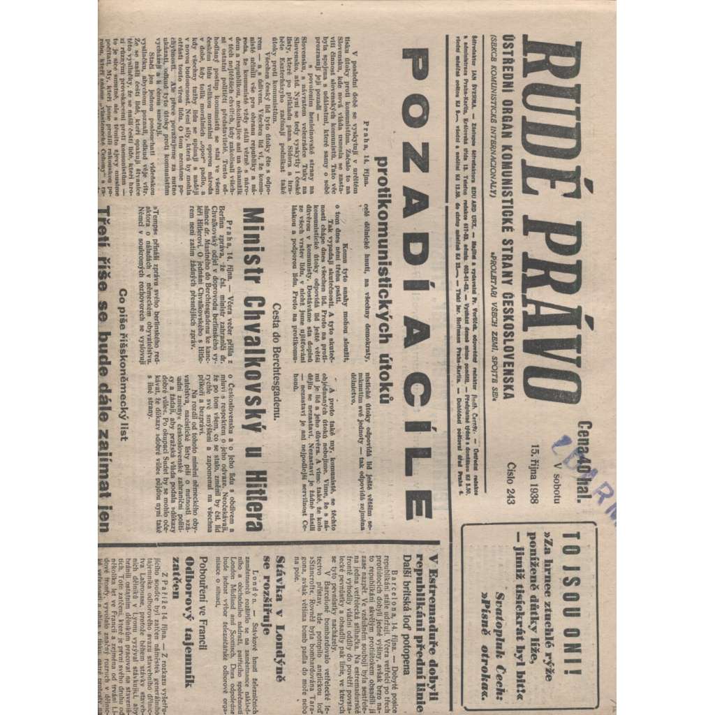 Rudé právo (15.10.1938)  - staré noviny, 1. republika