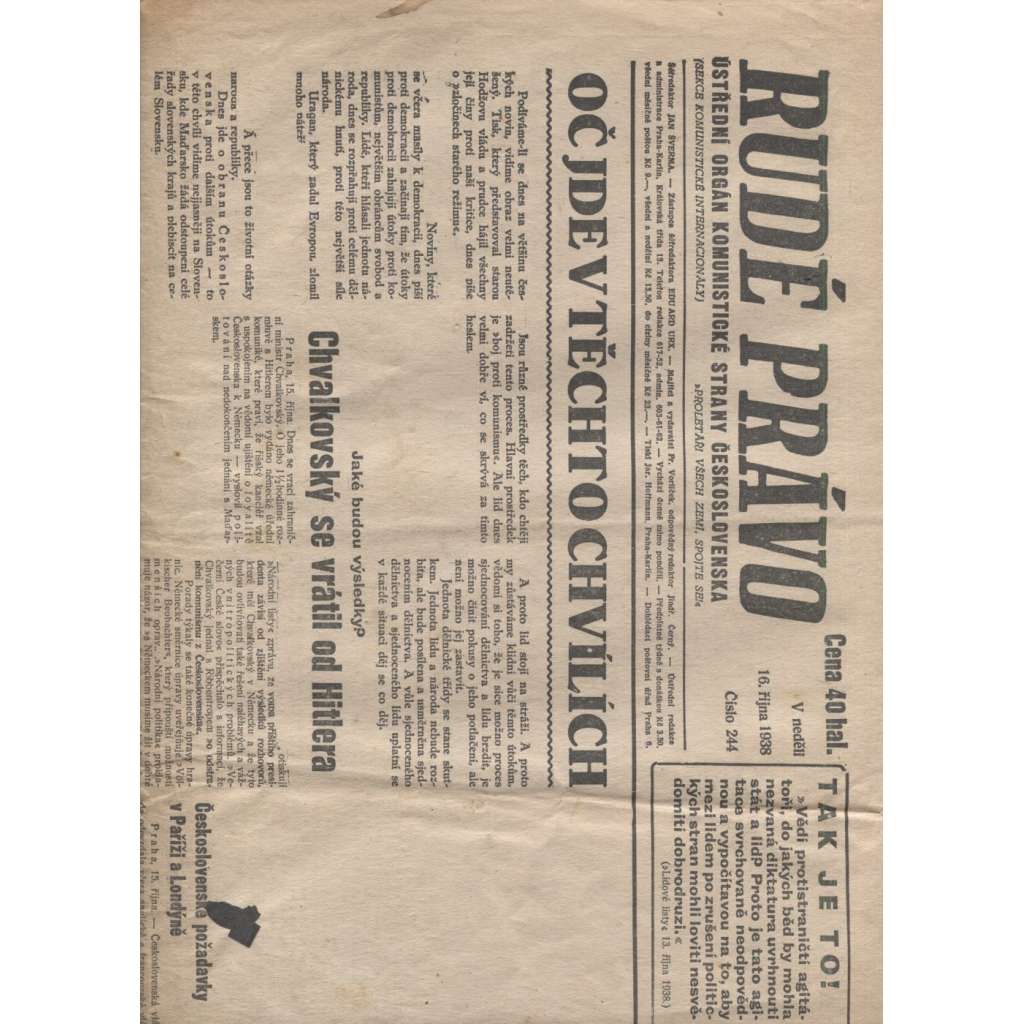 Rudé právo (16.10.1938)  - staré noviny, 1. republika