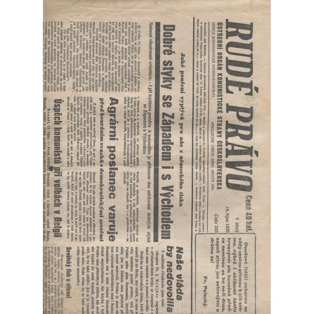 Rudé právo (18.10.1938)  - staré noviny, 1. republika