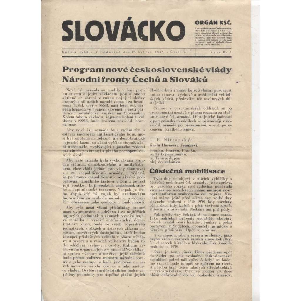 Slovácko (17.5.1945)  - staré noviny