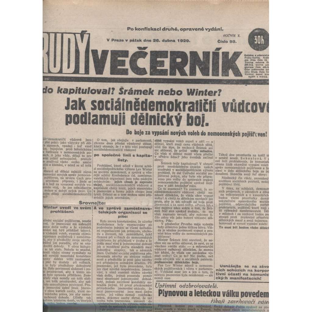 Rudý večerník (26.4.1929) - staré noviny, 1. republika