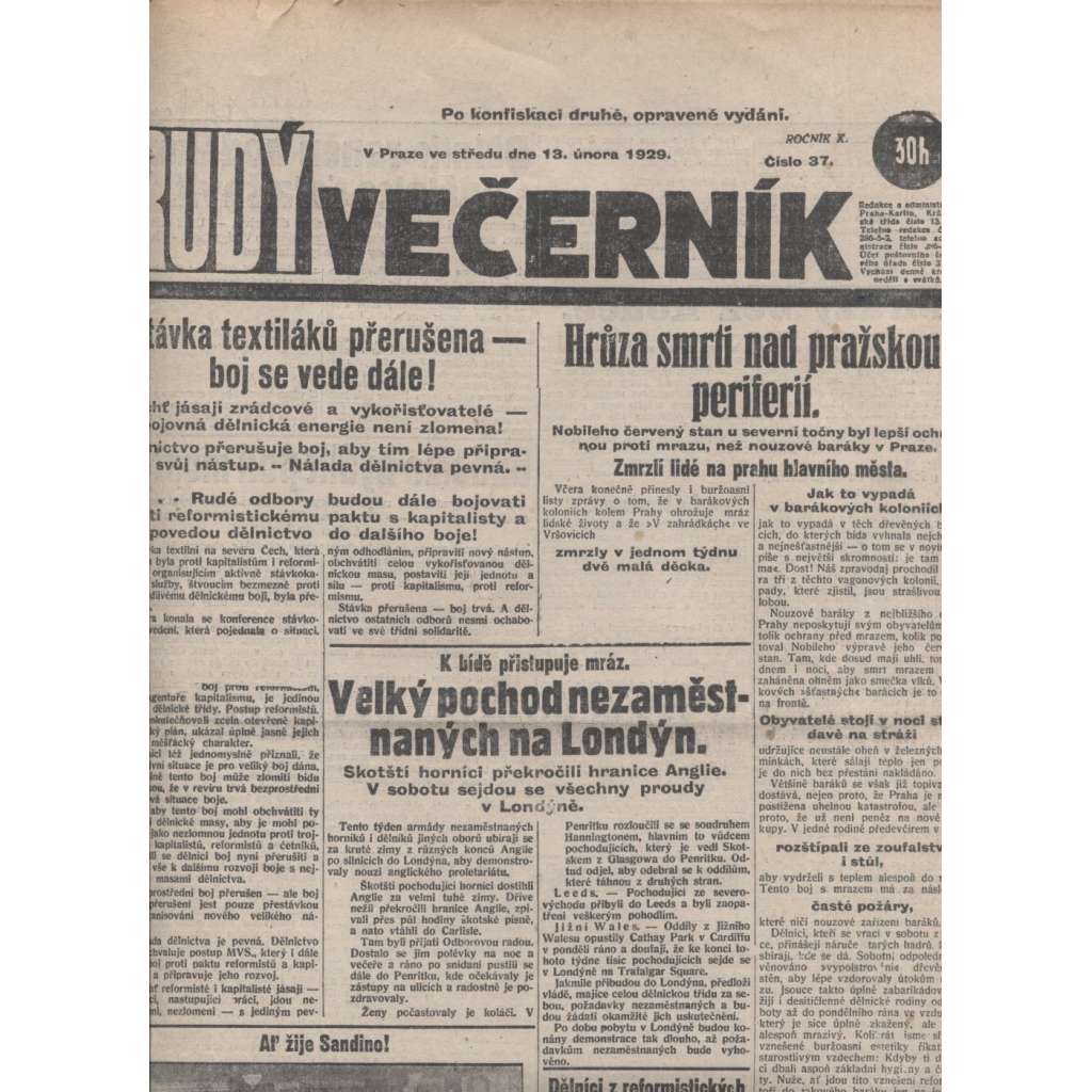 Rudý večerník (13.2.1929) - staré noviny, 1. republika