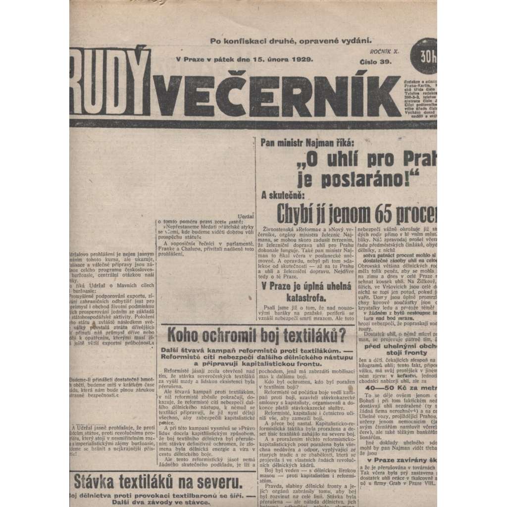 Rudý večerník (15.2.1929) - staré noviny, 1. republika