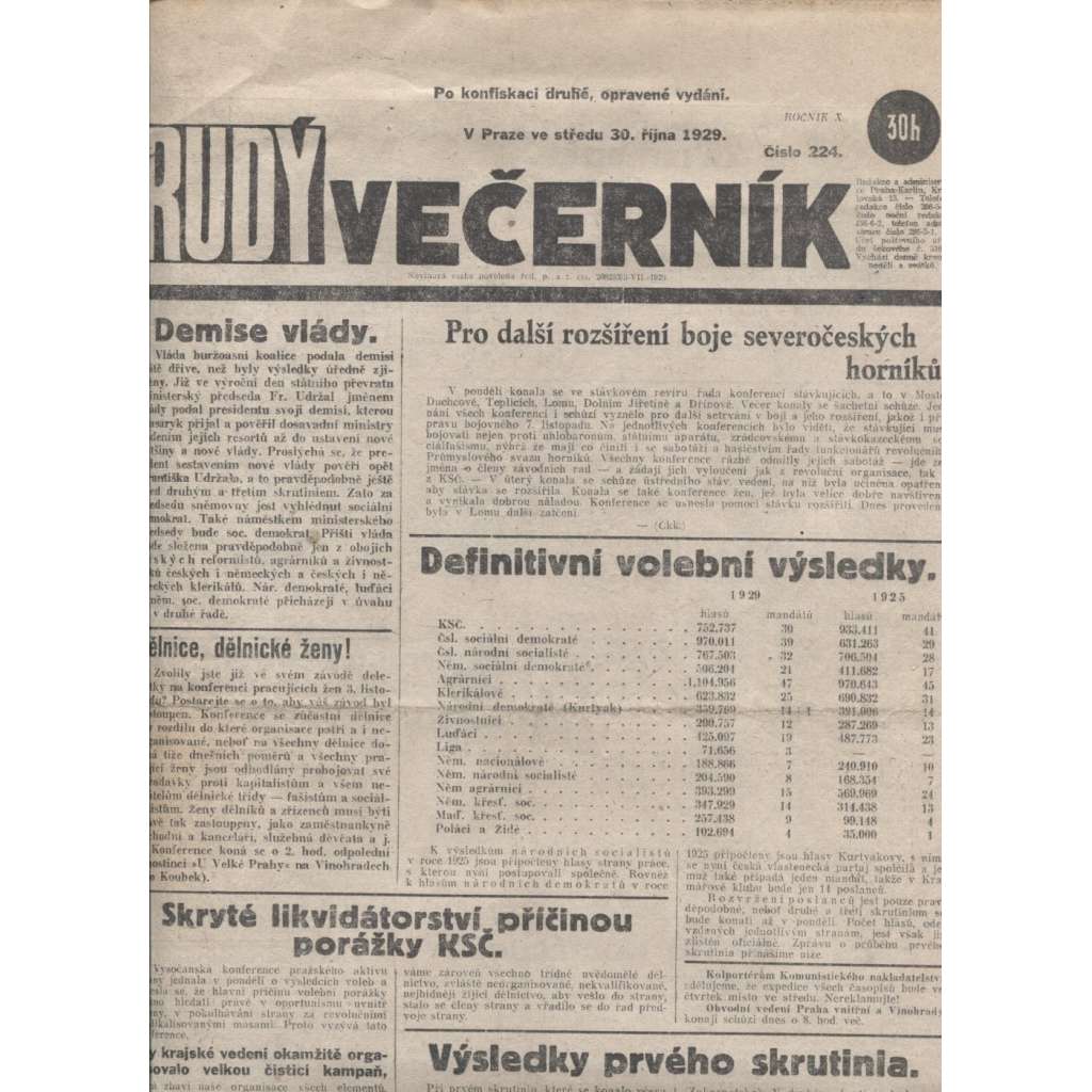 Rudý večerník (30.10.1929) - staré noviny, 1. republika
