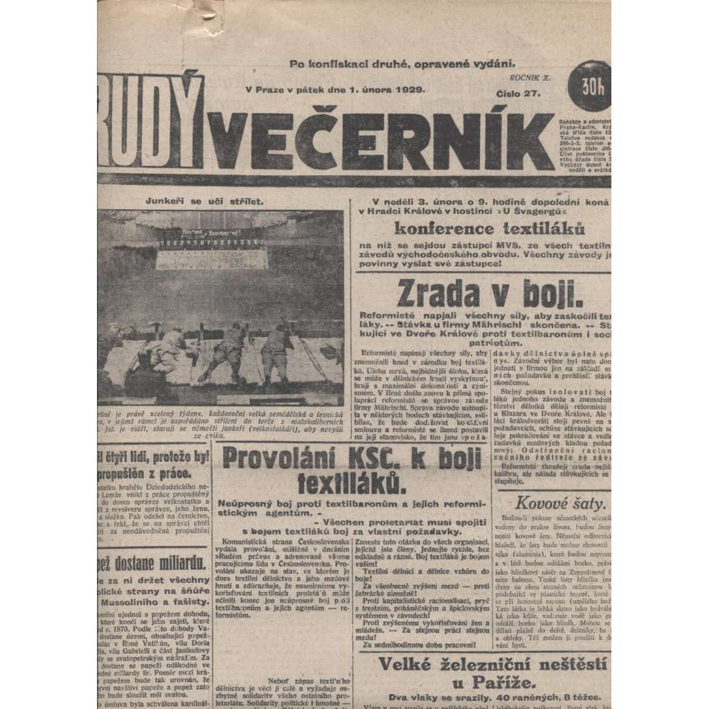 Rudý večerník (1.2.1929) - staré noviny, 1. republika