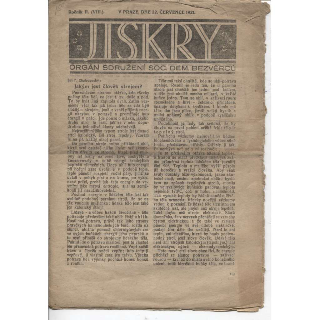 Jiskry, ročník II. (22.7.1921) - staré noviny, 1. republika