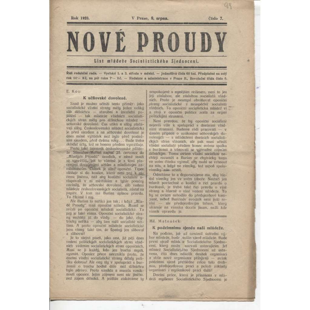 Nové proudy (8.8.1923) - staré noviny, 1. republika