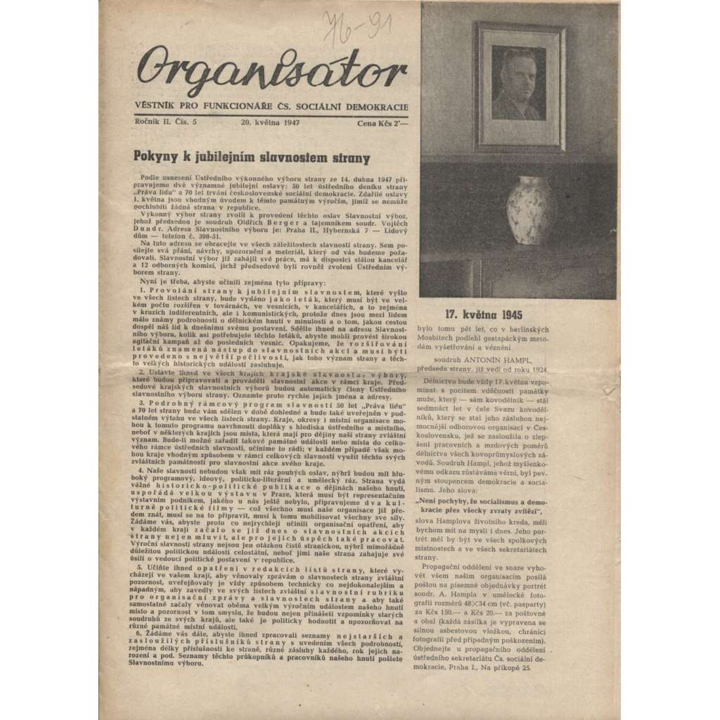 Organisátor (20.5.1947) - staré noviny (Věstník pro funkcionáře Čs. sociální demokracie)