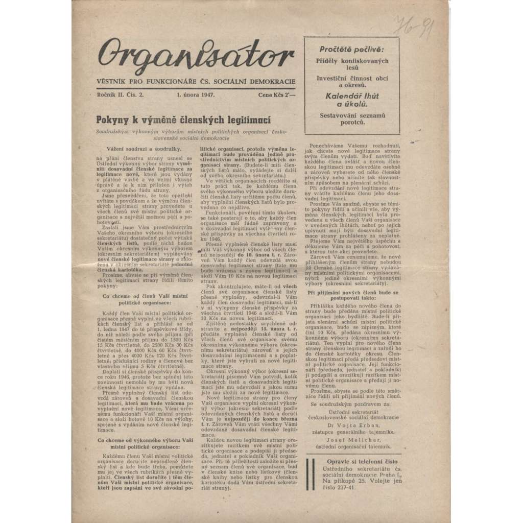 Organisátor (1.2.1947) - staré noviny (Věstník pro funkcionáře Čs. sociální demokracie)