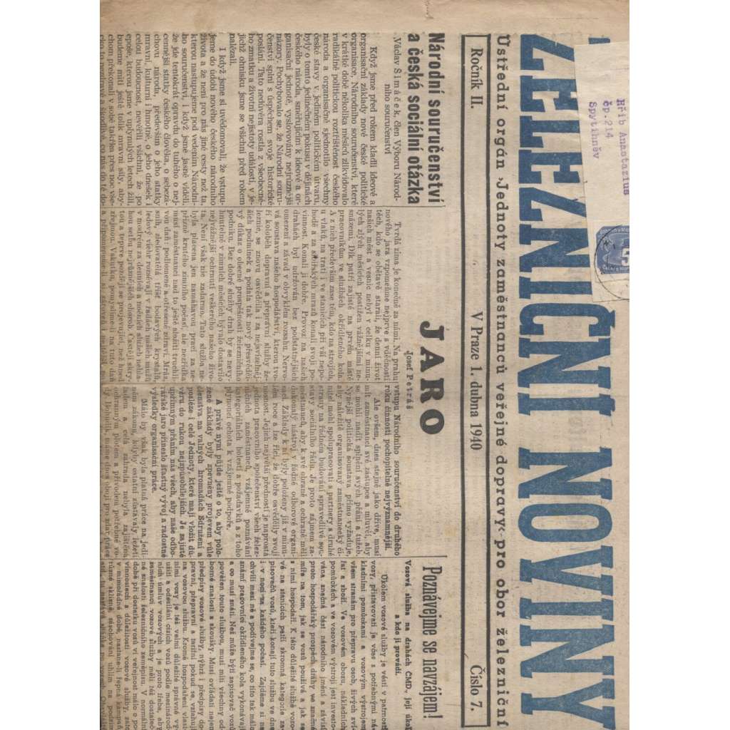 Železniční noviny (1.4.1940) - staré noviny, železnice