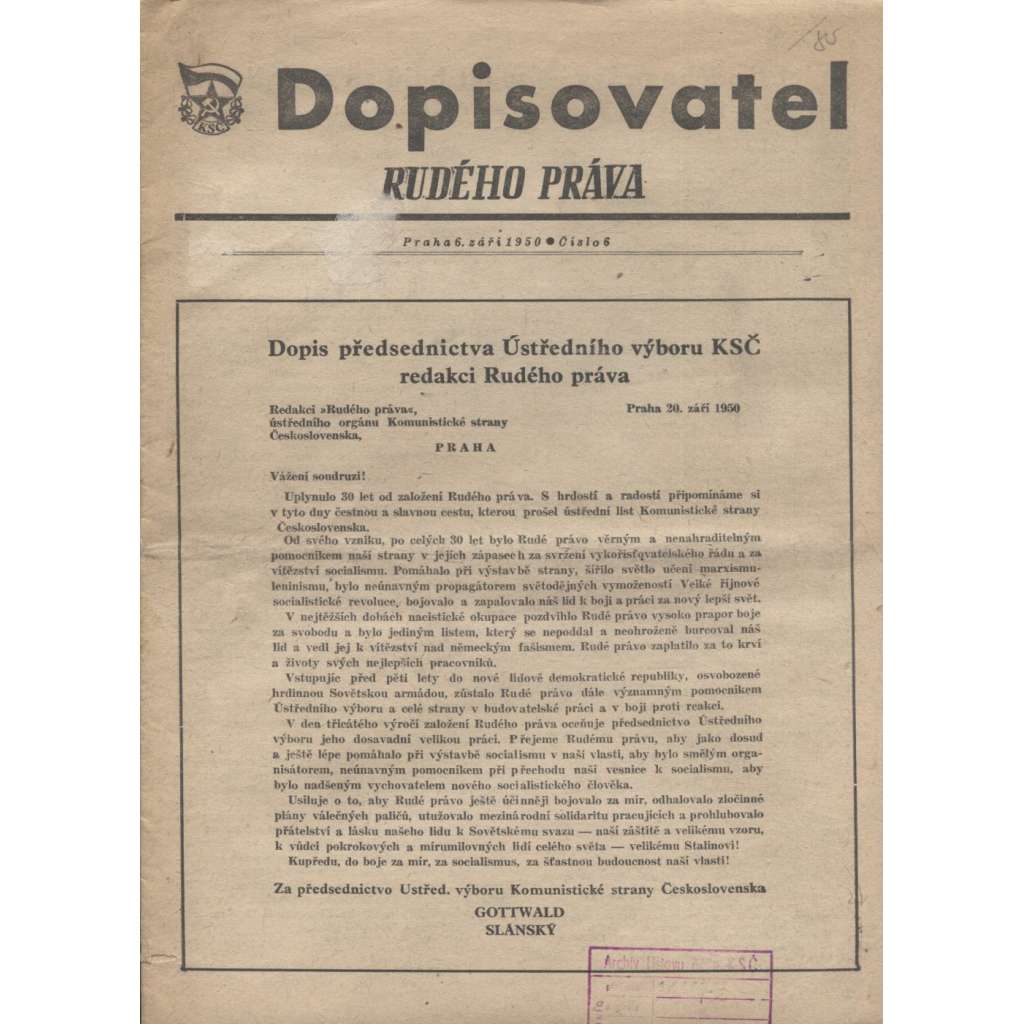 Dopisovatel Rudého práva (6.9.1950) - staré noviny