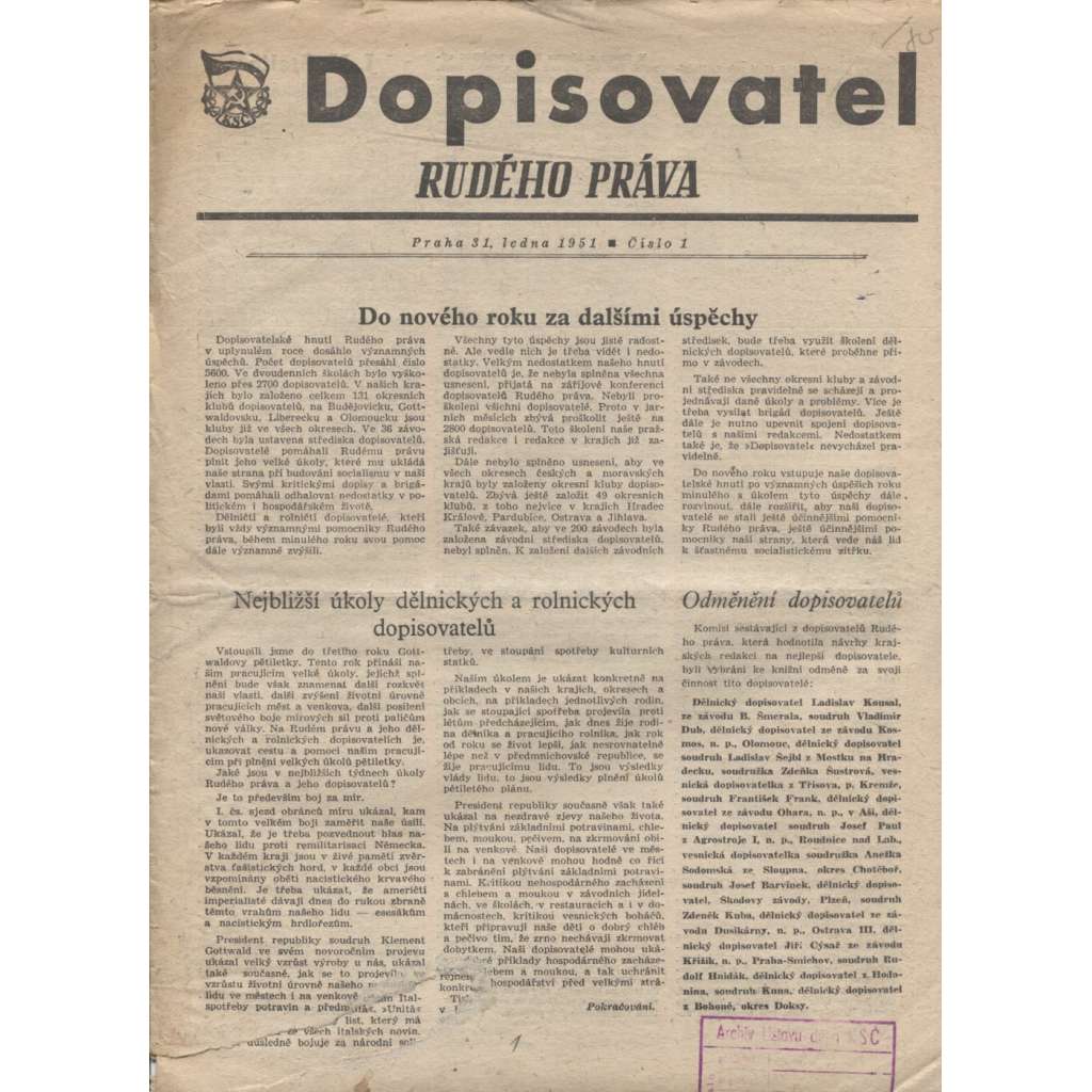 Dopisovatel Rudého práva (31.1.1951) - staré noviny (pošk.)