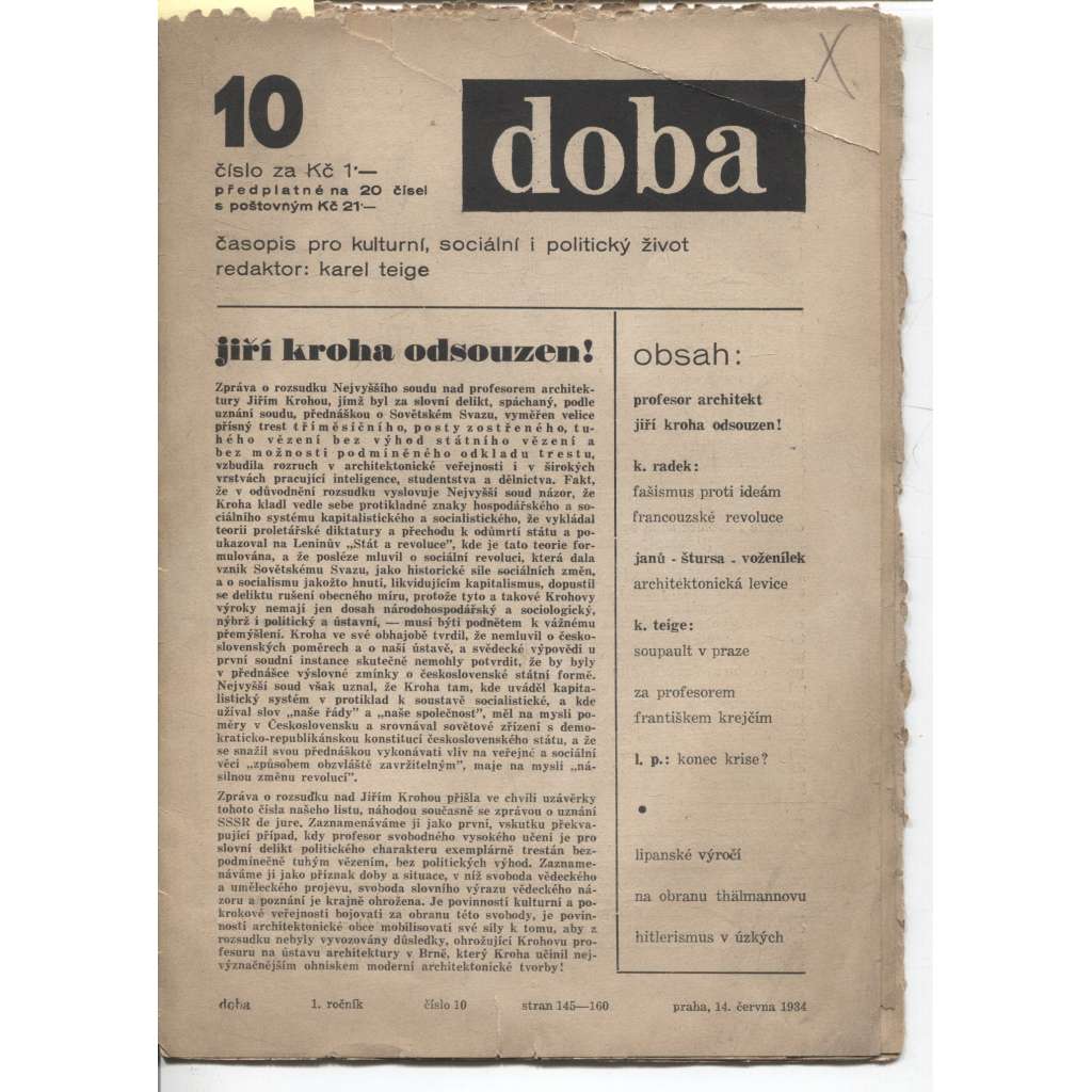 DOBA. Časopis pro kulturní, sociální i politický život (8/1934) - staré noviny, 1. republika