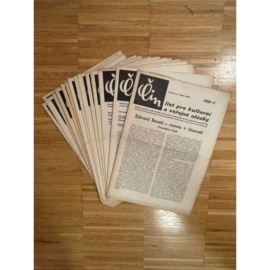 Čin, ročník VIII., číslo 1-3, 5, 9-12, 14, 15, 18, 22, 24, 25 a 27/1936. List pro kulturní a veřejné otázky (1. republika, staré noviny)