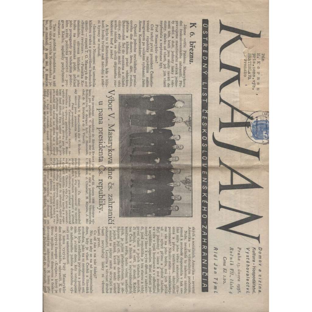 Krajan (15.2.1938) Ústredny list československého zahraničia (Staré noviny)