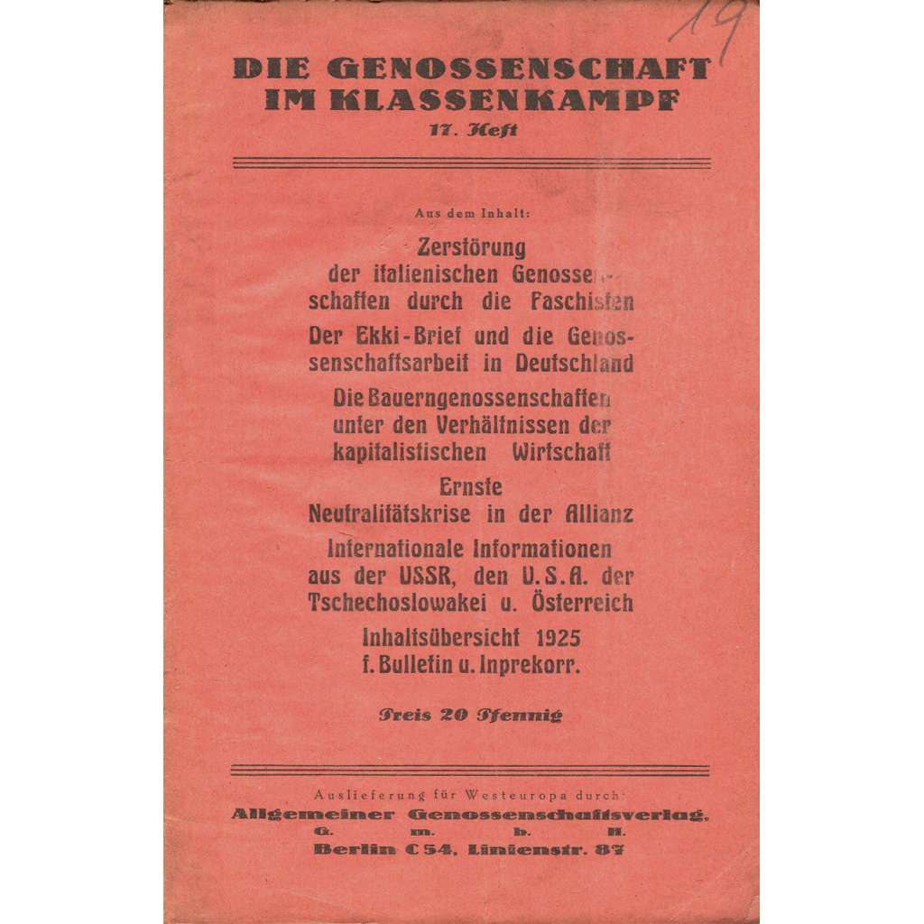 Die Genossenschaft im Klassenkampf, č. 17, prosinec 1925 [komunismus; družstva; Kominterna; časopis]