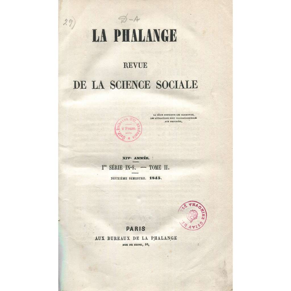 La Phalange. Revue de la science sociale, 1845, sv. 2 [Charles Fourier; Gérard de Nerval; časopis; socialismus]