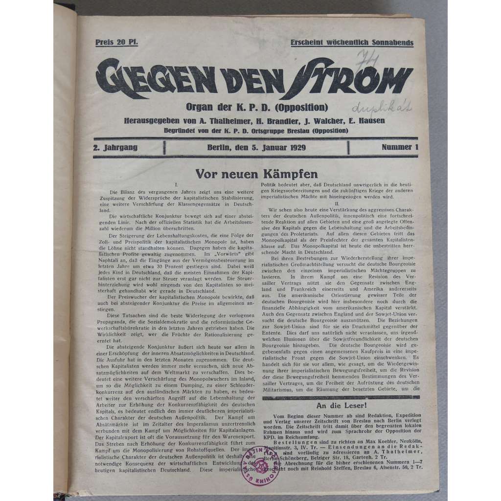 Gegen den Strom, roč. 2, 1929, č. 1-52 [komunismus; pravá opozice; KPD; Německo; časopis; Komunistická strana Německa]