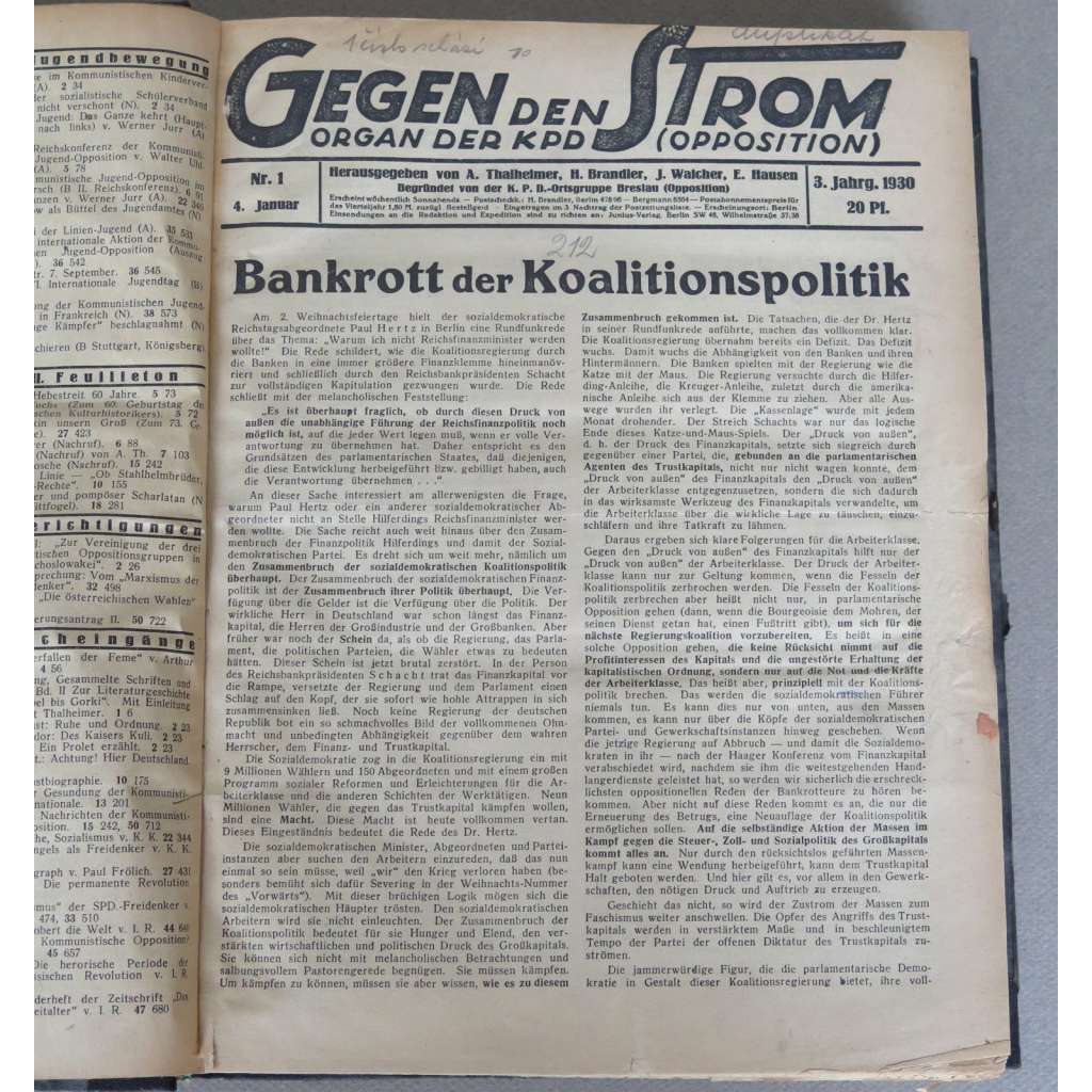 Gegen den Strom, roč. 3, 1930, č. 1-9, 11-52 [komunismus; pravá opozice; Německo; časopis; Komunistická strana Německa]