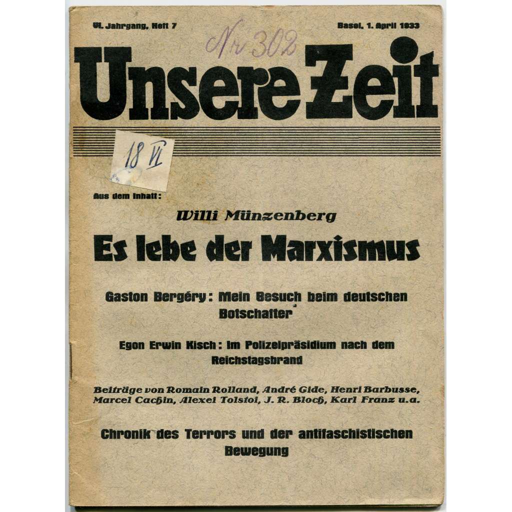 Unsere Zeit [Der rote Aufbau], roč. 6, 1933, č. 7 [komunismus; antifašismus; KPD; Německo; časopis]