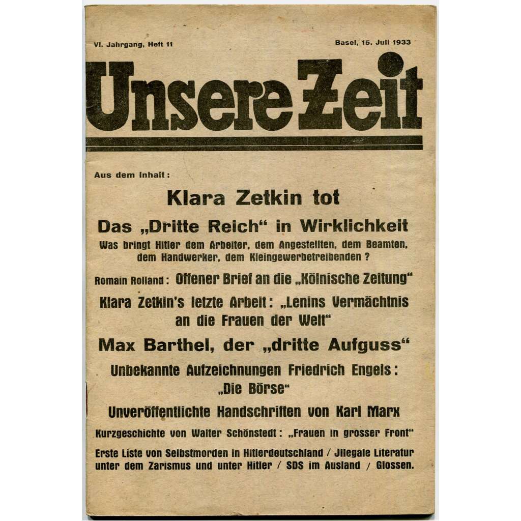 Unsere Zeit [Der rote Aufbau], roč. 6, 1933, č. 11 [komunismus; antifašismus; KPD; Německo; časopis; Klara Zetkin]
