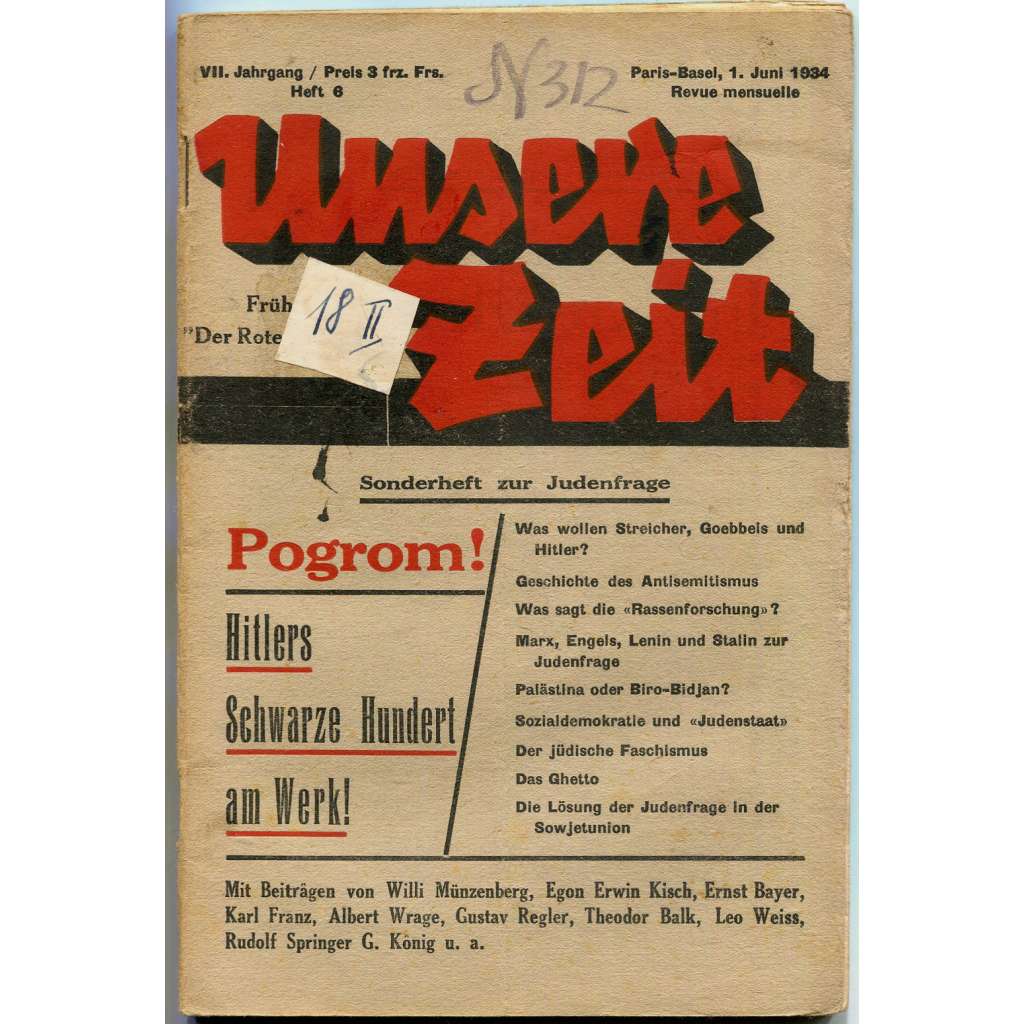 Unsere Zeit [Der rote Aufbau], roč. 7, 1934, č. 6 [komunismus; antifašismus; KPD; Německo; časopis; židé]