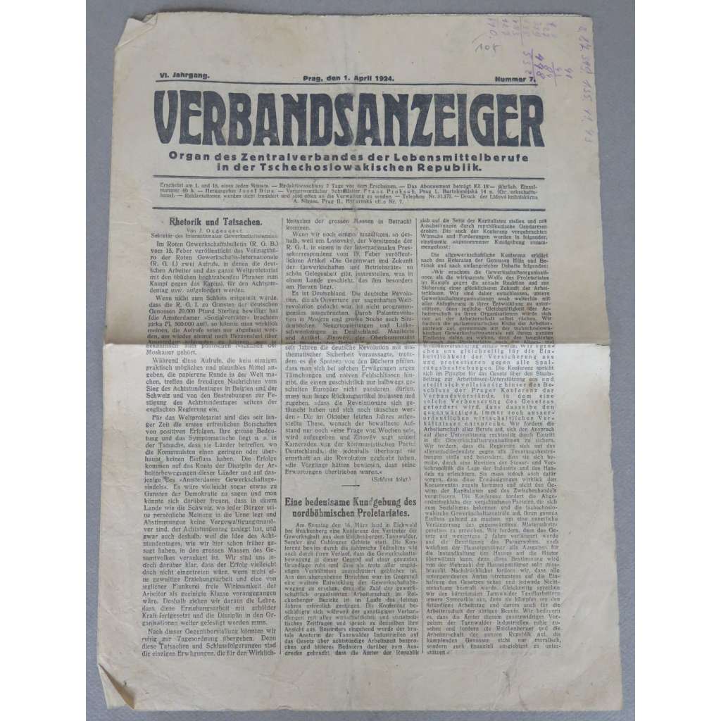 Verbandsanzeiger. Organ des Zentralverbandes der Lebensmittelberufe, 1924, č. 7 [odbory; potravinářství]