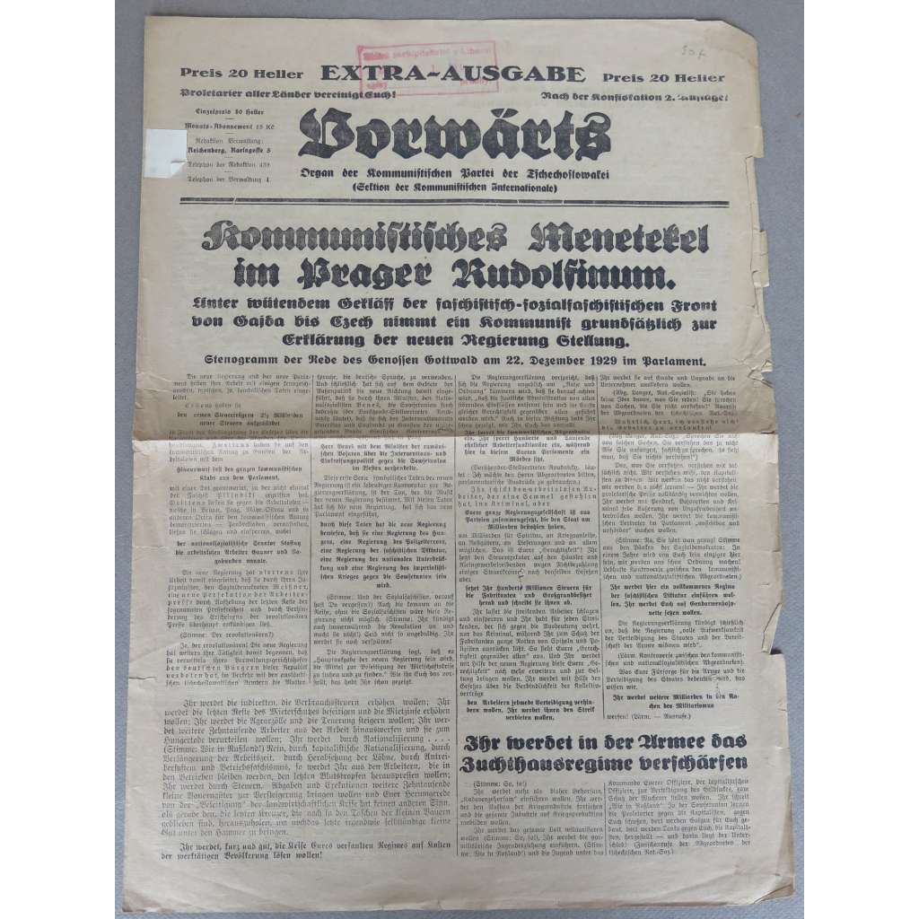 Vorwärts. Extra-Ausgabe, leden 1930 [první parlamentní projev Klementa Gottwalda, 22. 12. 1929; KSČ]