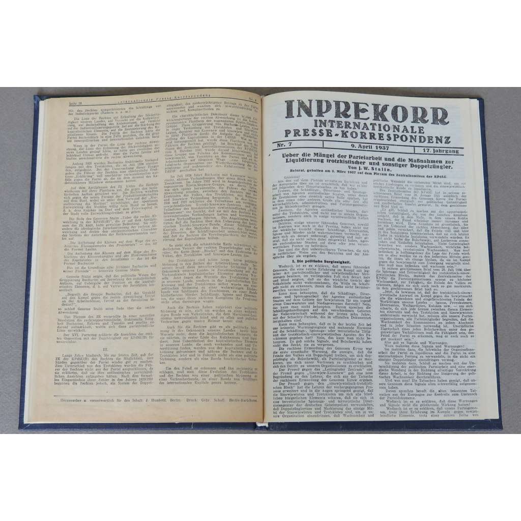 Inprekorr. Internationale Presse-Korrespondenz, roč. 17, 1937 [!!!], č. 1-9 [Kominterna; komunismus; ilegální tisky; exil]