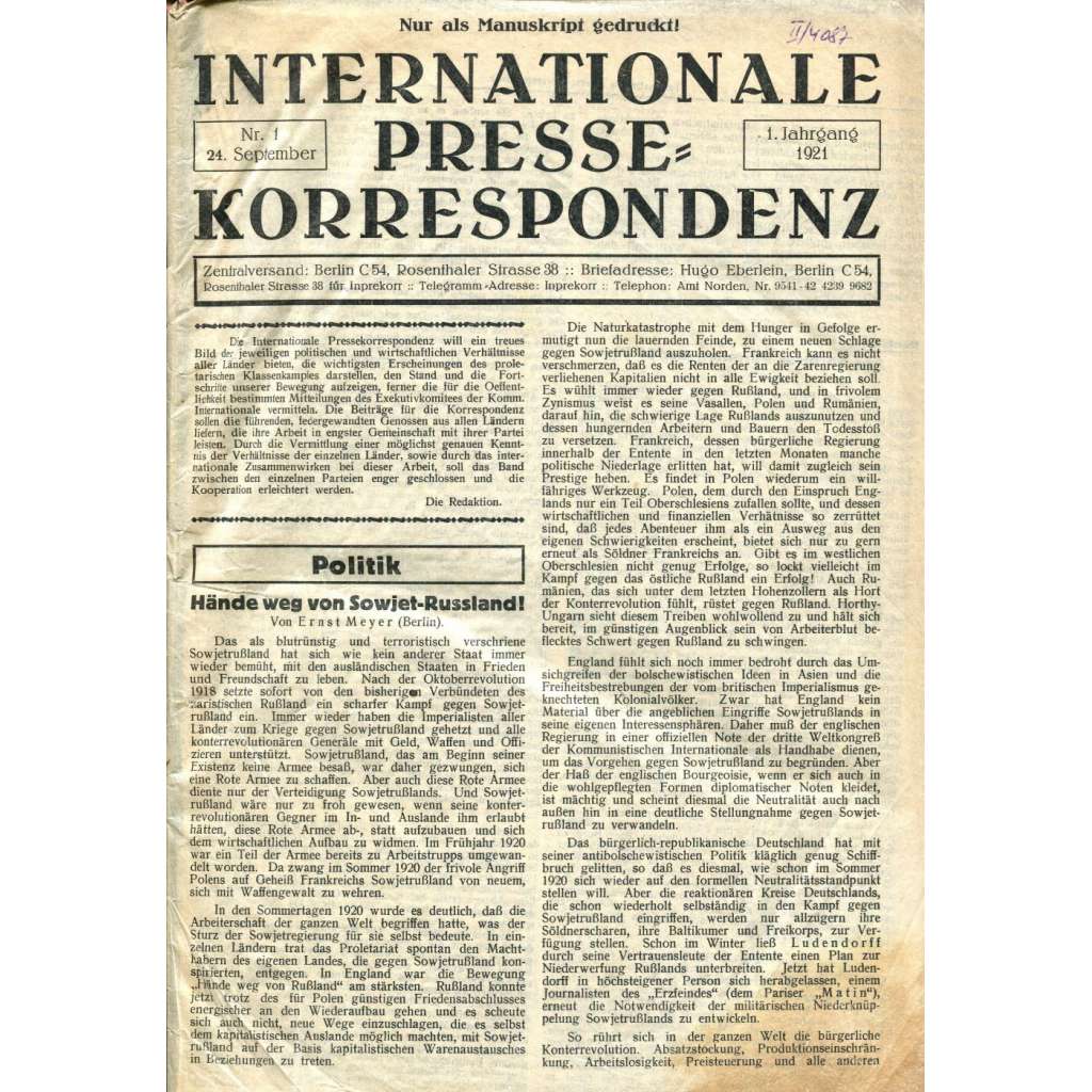 Internationale Presse-Korrespondenz, roč. 1, 1921 [Inprekorr; Kominterna; Komunistická internacionála; komunismus]