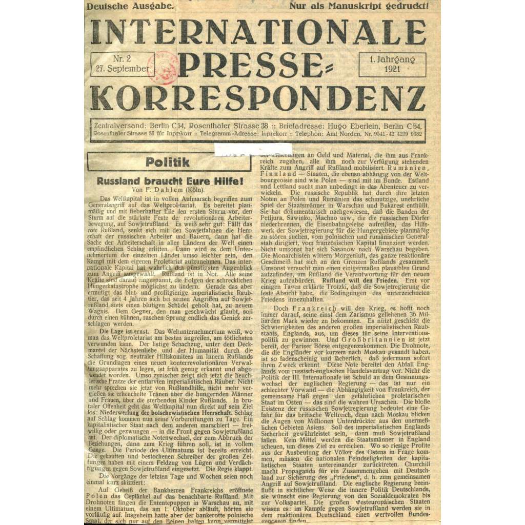 Internationale Presse-Korrespondenz, roč. 1, 1921 [Inprekorr; Kominterna; Komunistická internacionála; komunismus]