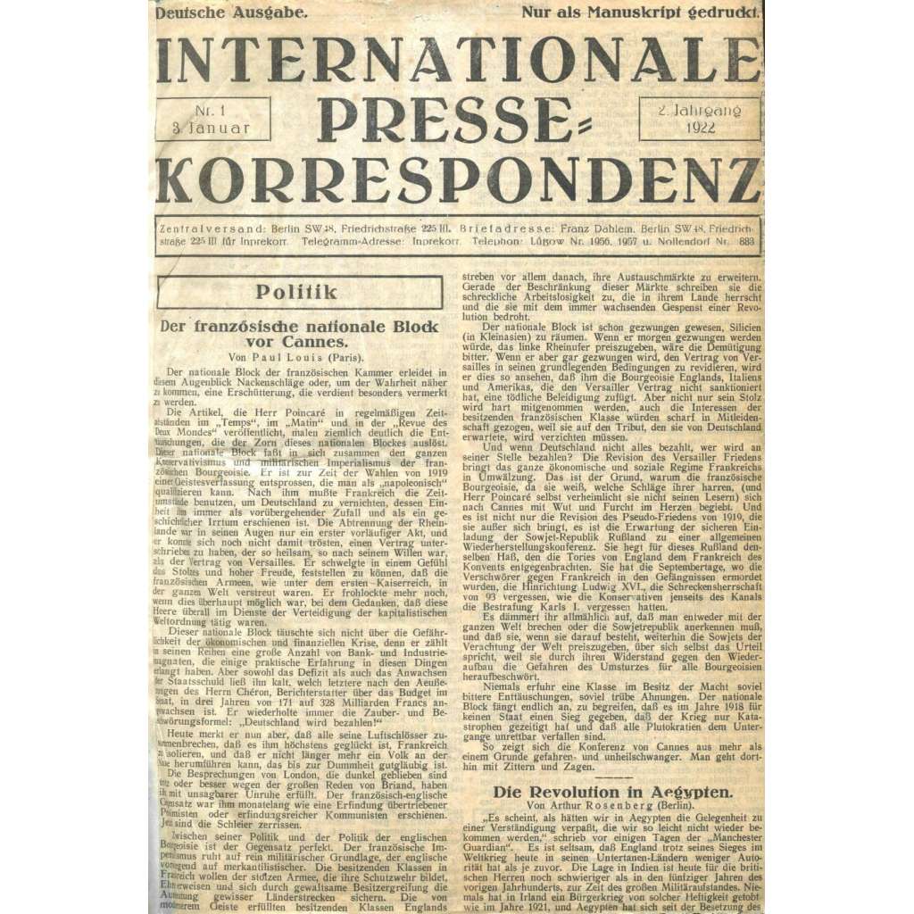 Internationale Presse-Korrespondenz, roč. 2/1, 1922 [Inprekorr; Kominterna; Komunistická internacionála; komunismus]
