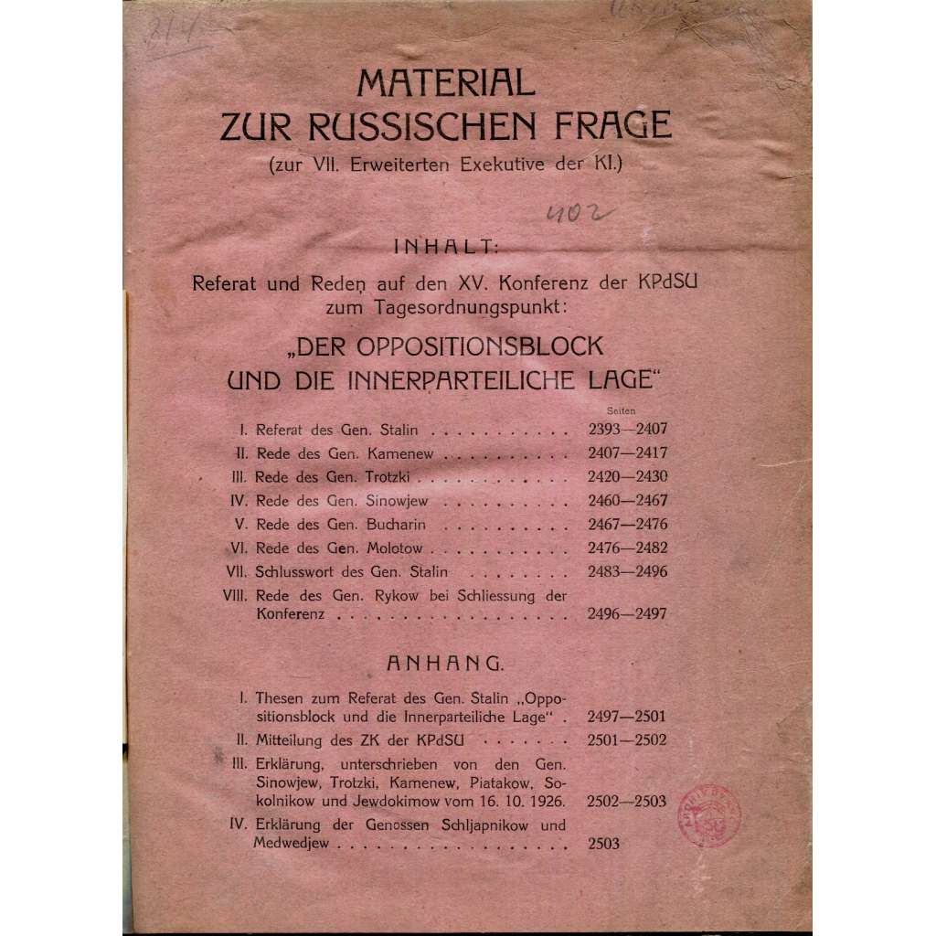 Material zur russischen Frage [1926; Inprekorr; Kominterna; komunismus; Rusko; Sovětský svaz; KSSS]