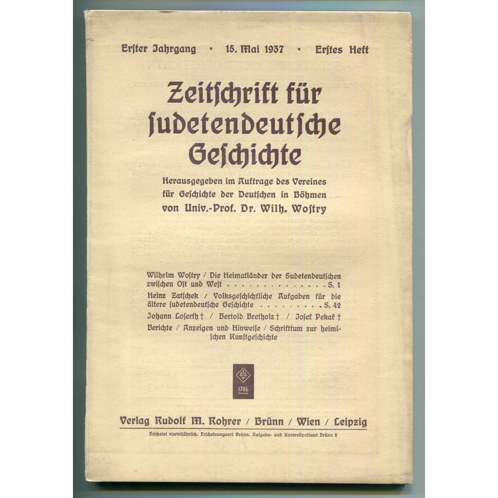 Zeitschrift für sudetendeutsche Geschichte, Erster Jahrgang, Erstes Heft, 15. Mai 1937 [Časopis pro sudetoněmecké dějiny, Sudetští Němci, historie]