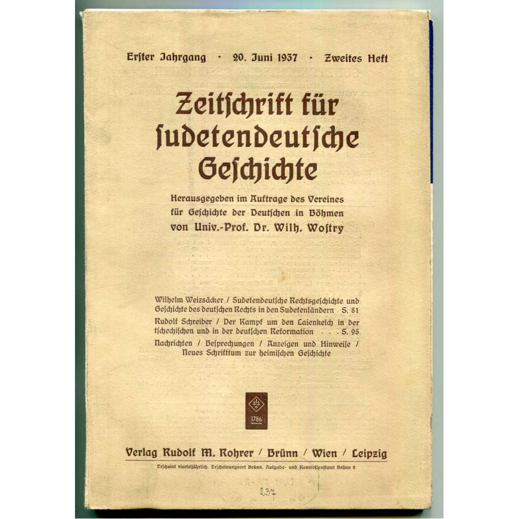 Zeitschrift für sudetendeutsche Geschichte, Erster Jahrgang, Zweites Heft, 20. Juni 1937 [Časopis pro sudetoněmecké dějiny, Sudetští Němci, historie]