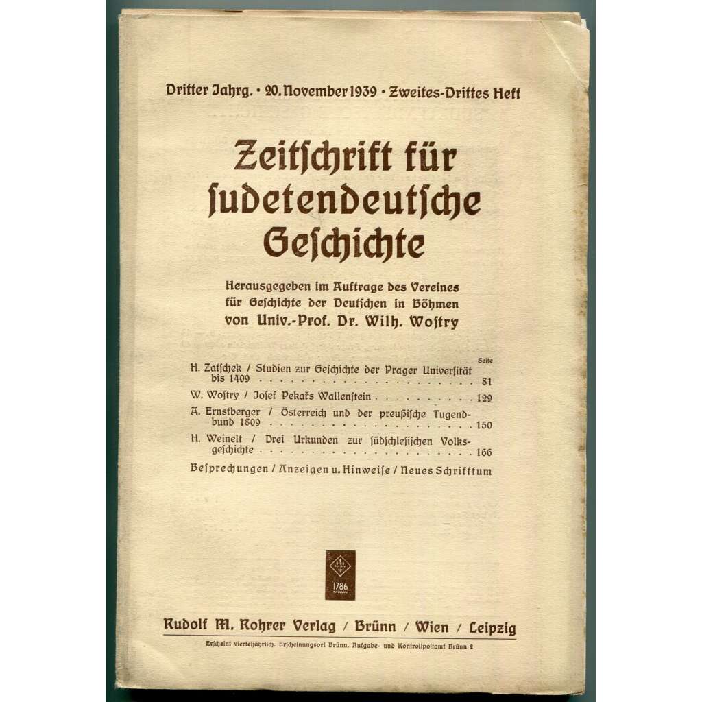Zeitschrift für sudetendeutsche Geschichte, Dritter Jahrgang, Zweites-Drittes Heft, 20. November 1939 [Časopis pro sudetoněmecké dějiny, Sudetští Němci, čeští Němci, historie]