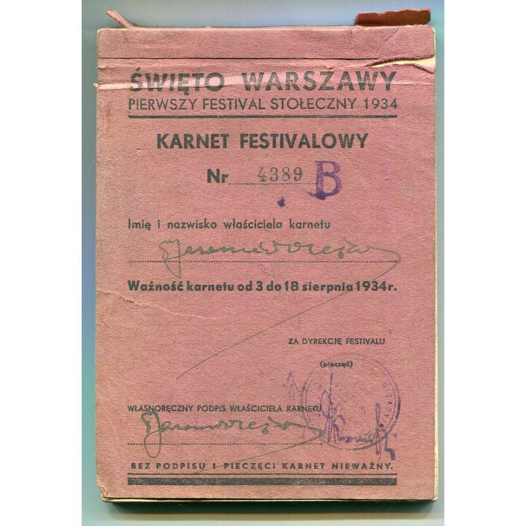 Swieto Warszawy, pierwszy Festival Stoleczny 1934. Karnet festivalowy [festivalová permanentka s poukázkami, Varšavský festival - městské kulturní slavnosti, Varšava - Polsko]