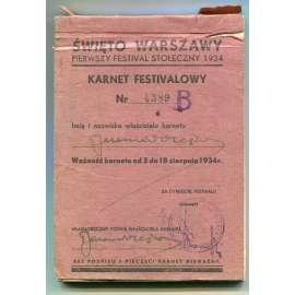 Swieto Warszawy, pierwszy Festival Stoleczny 1934. Karnet festivalowy [festivalová permanentka s poukázkami, Varšavský festival - městské kulturní slavnosti, Varšava - Polsko]