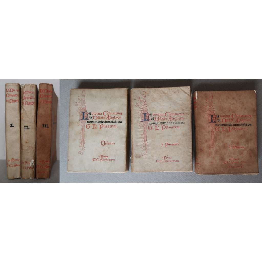 La Divina Commedia di Dante Alighieri. I – L'Inferno, II – Il Purgatorio, III – Il Paradiso [Božská komedie, italská literatura, poezie, 3 svazky - Peklo, Očistec, Ráj]